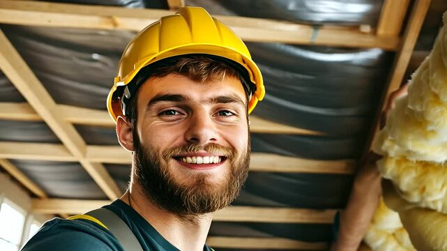 A builder mid-action, pressing mineral wool into place, glancing at the camera with a confident smile, highlighting the process of attic insulation.