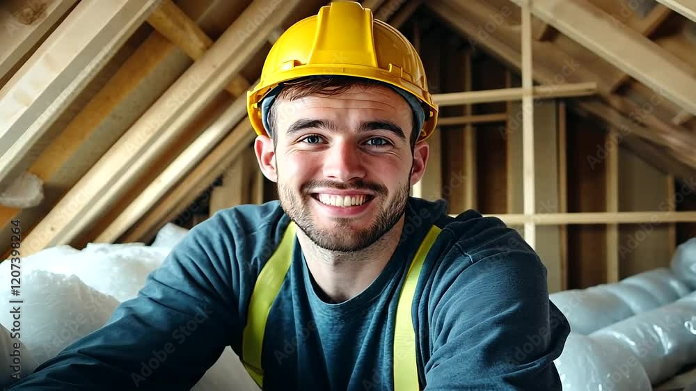 Poster a builder surrounded by stacks of mineral wool, installing a layer of insulation on the attic roof, 