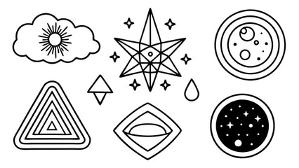 Abstract geometric and celestial sticker collection on white background