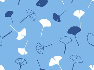 Seamless pattern with gingko biloba on blue background vector.