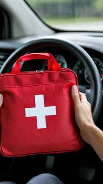 Hands hold a red emergency medical kit while sitting in a car, emphasizing the importance of being prepared for emergencies while traveling