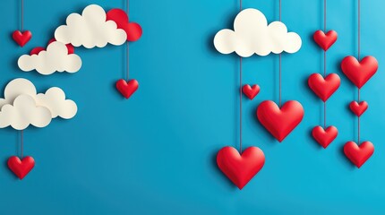 Cast bronze surface rich burgundy deep blue poster banner. Blue sky paper cut clouds. Space for text. Happy Valentine's Day sale header voucher template. Hanging hearts