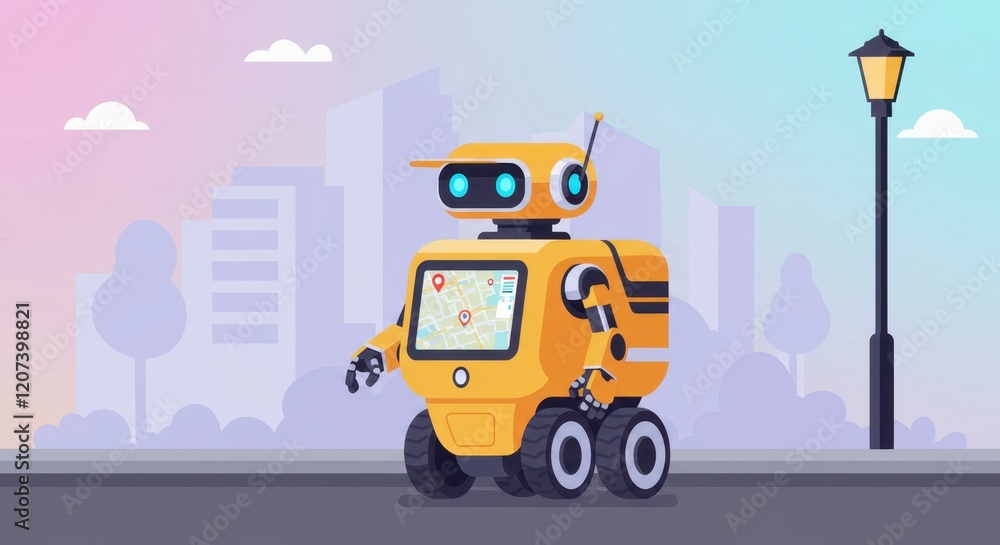 Poster friendly robot with navigation screen exploring futuristic cityscape