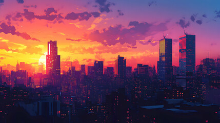 Fototapeta premium Vibrant City Skyline at Sunset with Colorful Cloudy Sky