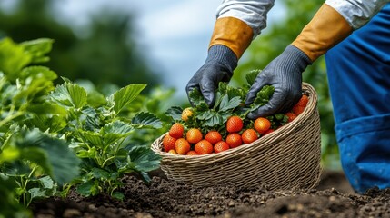 Fototapeta premium Strawberry Harvesting: A Farmer's Delicate Touch