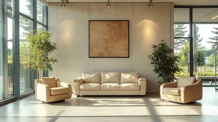 Blue velvet sofa, abstract art and large windows overlooking the city skyline in minimalist modern living room