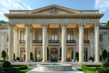 Obraz premium Grand Neoclassical Mansion with Columned Facade and Fountain