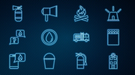 Set line Medical hospital building, Open matchbox and matches, Campfire, Water drop, Phone with emergency call 911, Fire extinguisher, truck and Megaphone icon. Vector