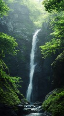 Breathtaking Chinese Ink Waterfall: Abstract Marketing Background for High-end 8K Design. Stunning Natural Scenery Blends Traditional Art with Modern Aesthetics. Perfect for Posters, Banners, and Digi