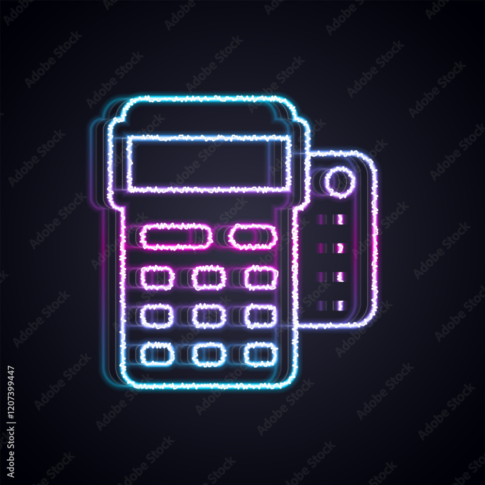 Aufkleber glowing neon line pos terminal with inserted credit card and printed reciept icon isolated on black 