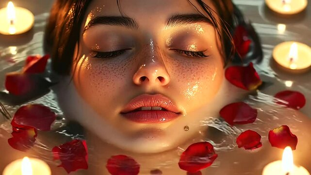 A woman with closed eyes enjoying the relaxing scent of aromatherapy oils while soaking in a bathtub filled with pink and red rose petals.