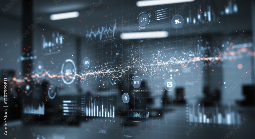Poster futuristic financial analysis with digital data visualizations in an office setting