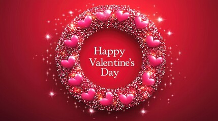 Colorful Heart Wreath for Valentine's Day Celebration with Sparkling Elements on Red Background