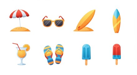 Summer beach essentials: umbrella, sunglasses, surfboards, cocktail, flip flops, ice pops