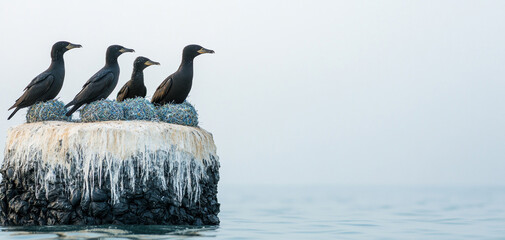 Fototapeta premium Climate change and pollution to global warming. Four birds perched on an icy rock amidst a serene water backdrop.