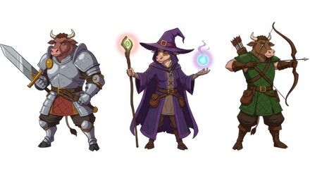Fototapeta premium Fantasy minotaur characters: warrior, mage, and archer in medieval costumes