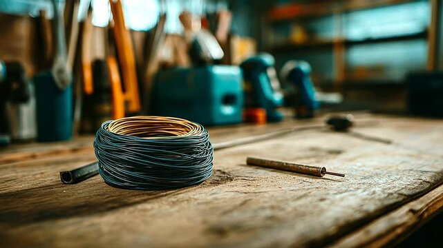 A coil of electrical wiring placed on a workbench, with construction tools scattered around.