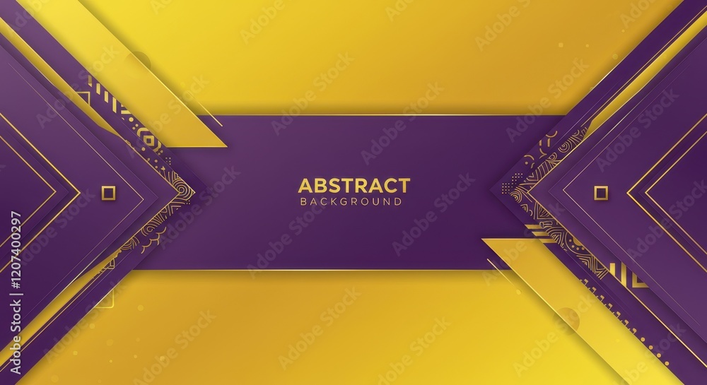 Poster geometric abstract background with purple and gold layers and patterns