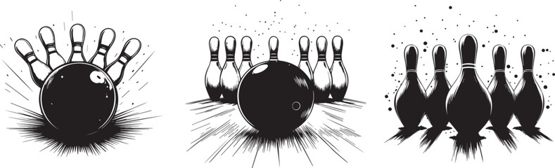 Silhouette of a bowling ball hitting all pins in a strike vector silhouette © Nazia