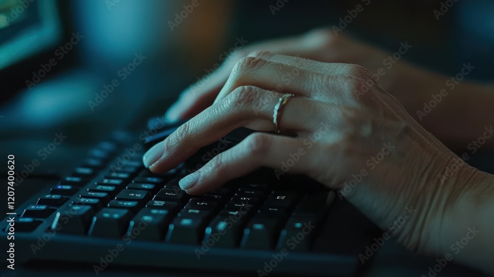 Poster a close-up of hands typing on a keyboard in a dimly lit environment, suggesting focus and engagement