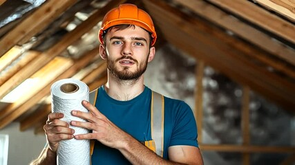 A confident builder holding a roll of mineral wool, standing in a neatly insulated attic, looking directly at the camera to promote insulation services.