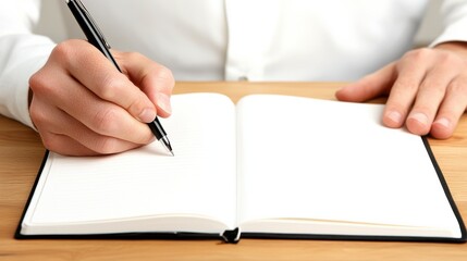 A person writes in a blank notebook with a pen, showcasing a focus on creativity and documentation.