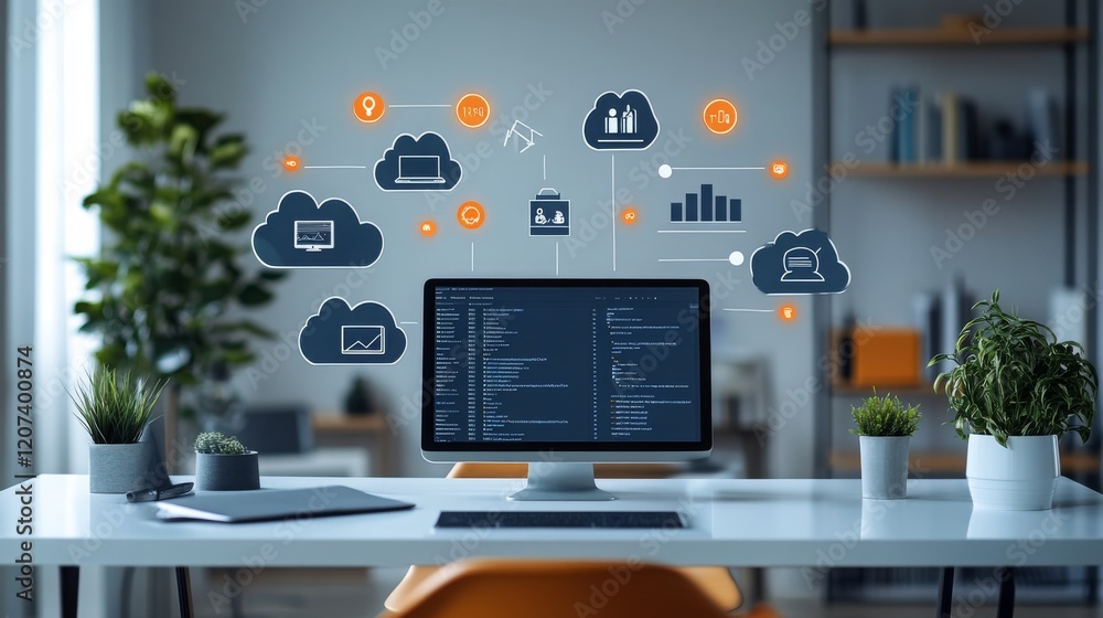 Poster a modern office utilizing cloud-based crm software to enhance business operations