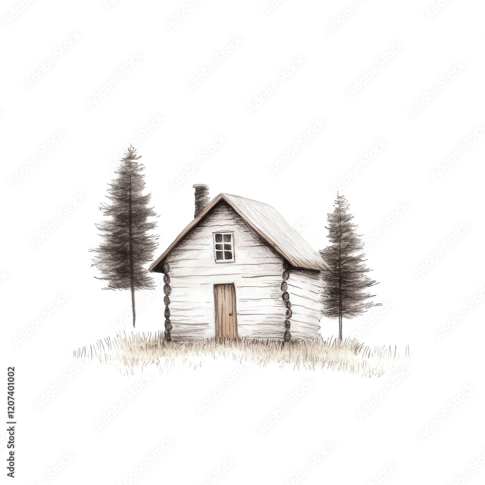 Poster a charming rustic house surrounded by tall pine trees in a serene forest setting., isolated on a tra