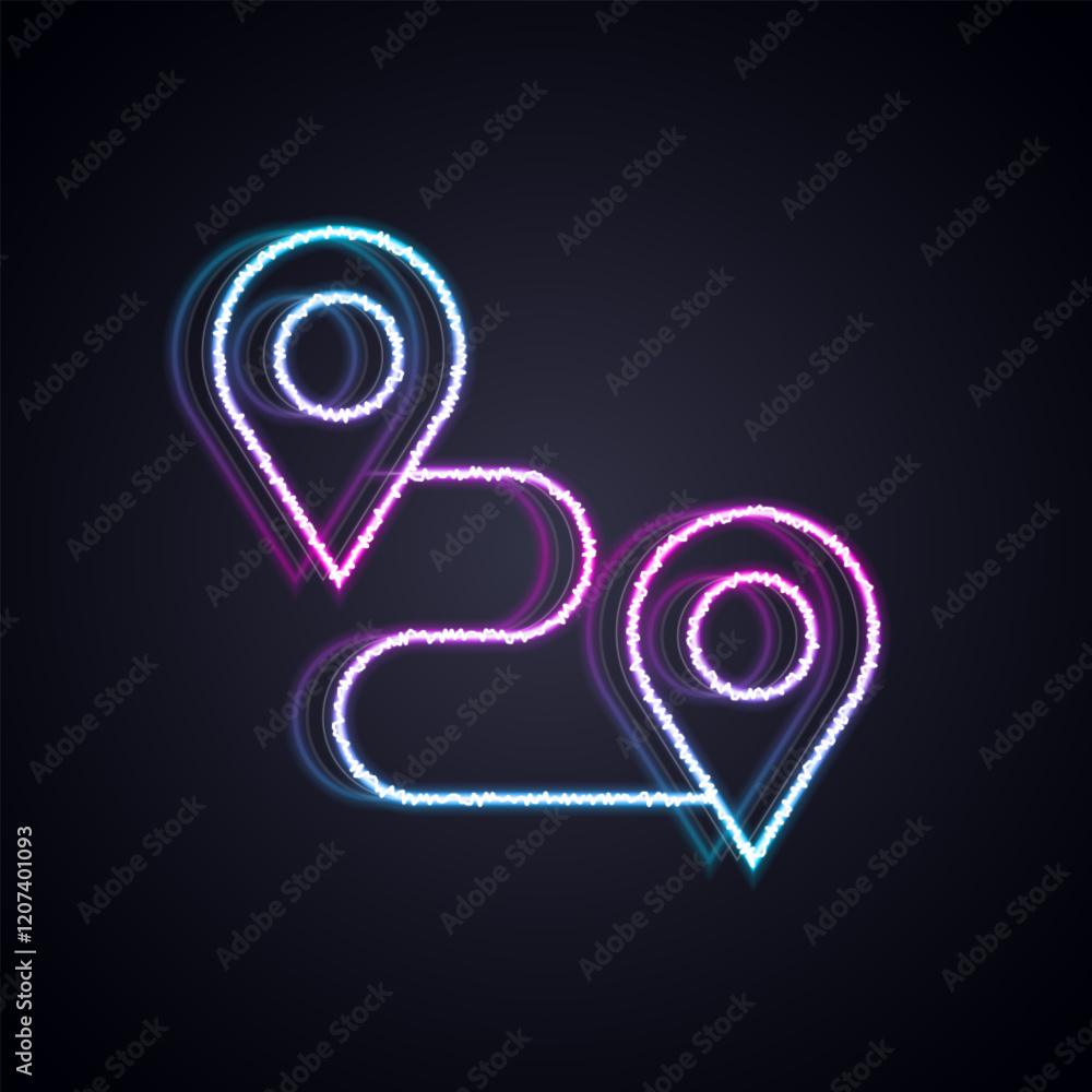 Poster glowing neon line route location icon isolated on black background. map pointer sign. concept of pat