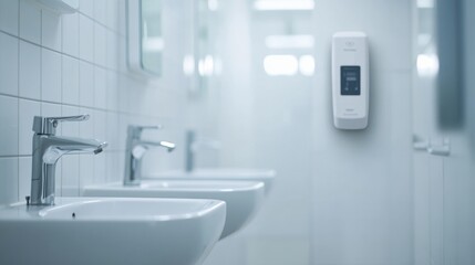 Fototapeta premium A clean, modern restroom featuring white sinks and a wall-mounted soap dispenser, emphasizing hygiene and functionality.