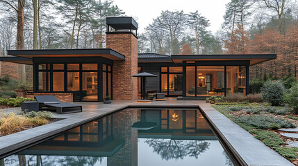Fototapeta premium Modern House with Pool and Winter Landscape at Night