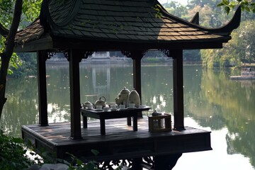 Tea in a Pagoda: A serene pagoda overlooking a lake, with a tea table set on a wooden platform, offering a peaceful view