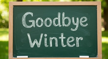 Chalkboard message: goodbye winter sign welcoming spring outdoors