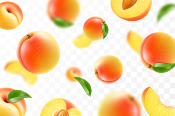 Flying ripe apricot. Bright advertising background falling juicy sweet peach, realistic illustration with blurred effect. 3d vector design for advertising banners and web page design