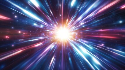 Fototapeta premium A thrilling visual of a hyper warp flight, with pulsating neon colors and geometric patterns converging into a bright, central focal point, evoking retro sci-fi vibes.