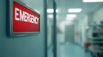 A red "EMERGENCY" sign is prominently displayed on a wall in a hospital corridor, indicating the entrance to the emergency department.