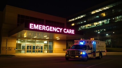 A nighttime view of an emergency care facility with vibrant signage and an ambulance parked outside, indicating readiness for critical medical situations.