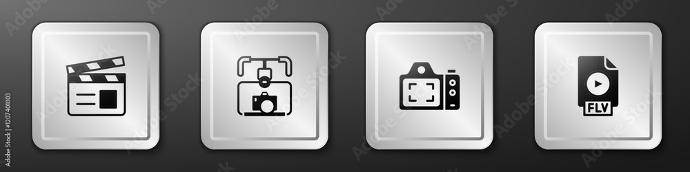 Poster set movie clapper, gimbal stabilizer with camera, photo and flv file document icon. silver square bu