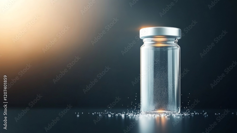 Poster clear glass vial on a reflective surface surrounded by sparkling particles, illuminated by a warm gr