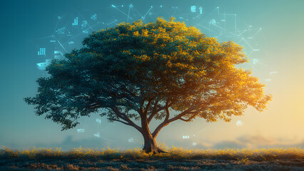 Tree with connected icons representing digital networking communication and technology in a modern conceptual illustration 150 chars exactly