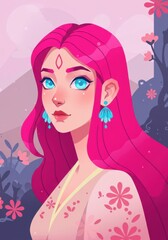 Fantasy portrait of pink-haired woman with floral background