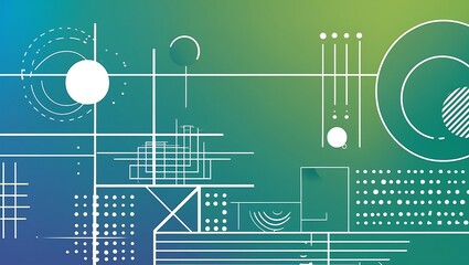 Abstract geometric background featuring white circular and linear shapes on a blue-to-green gradient backdrop. Modern design with clean lines, depth, and symmetry.