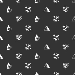 Set Gold mine, ring, Molten gold being poured and coin money on seamless pattern. Vector