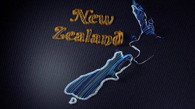 3D animation of an embroidered map of New Zealand. The colorful threads and fabric are shown from various perspectives, with motion effects highlighting the details and the word New Zealand.