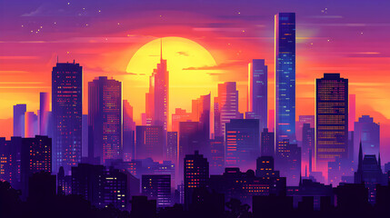 Fototapeta premium Vibrant Sunset Over Urban Landscape with Skyscrapers and City Lights