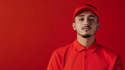 Obraz premium Professional Food Delivery Employee in Uniform Against Vibrant Red Background