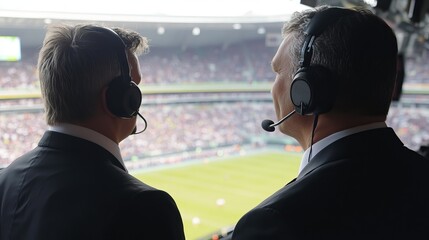Two Football Commentators Analyzing Match Live from Broadcast Booth at Stadium