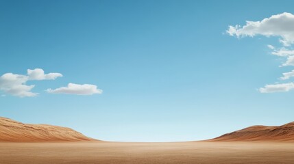 Fototapeta premium Expansive Desert Landscape Under Bright Blue Sky with Soft Clouds, Featuring Serene Dunes and Vast Open Space Ideal for Nature and Travel Themes