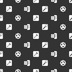 Set Shovel, Gear wheels and earth, Wrench spanner and Seismograph on seamless pattern. Vector