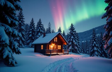 Fototapeta premium Cozy winter cabin under northern lights in snow-covered forest at night